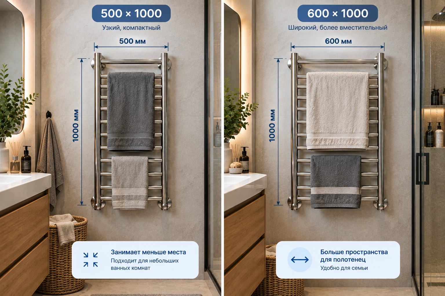 Сравнение полотенцесушителей 500×1000 и 600×1000
