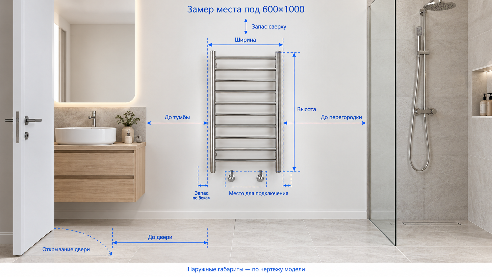 Как измерить место под полотенцесушитель 600×1000