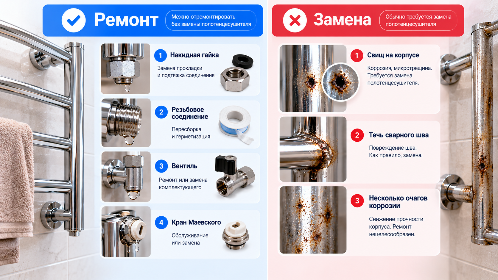 Течет полотенцесушитель &mdash; ремонтировать или менять