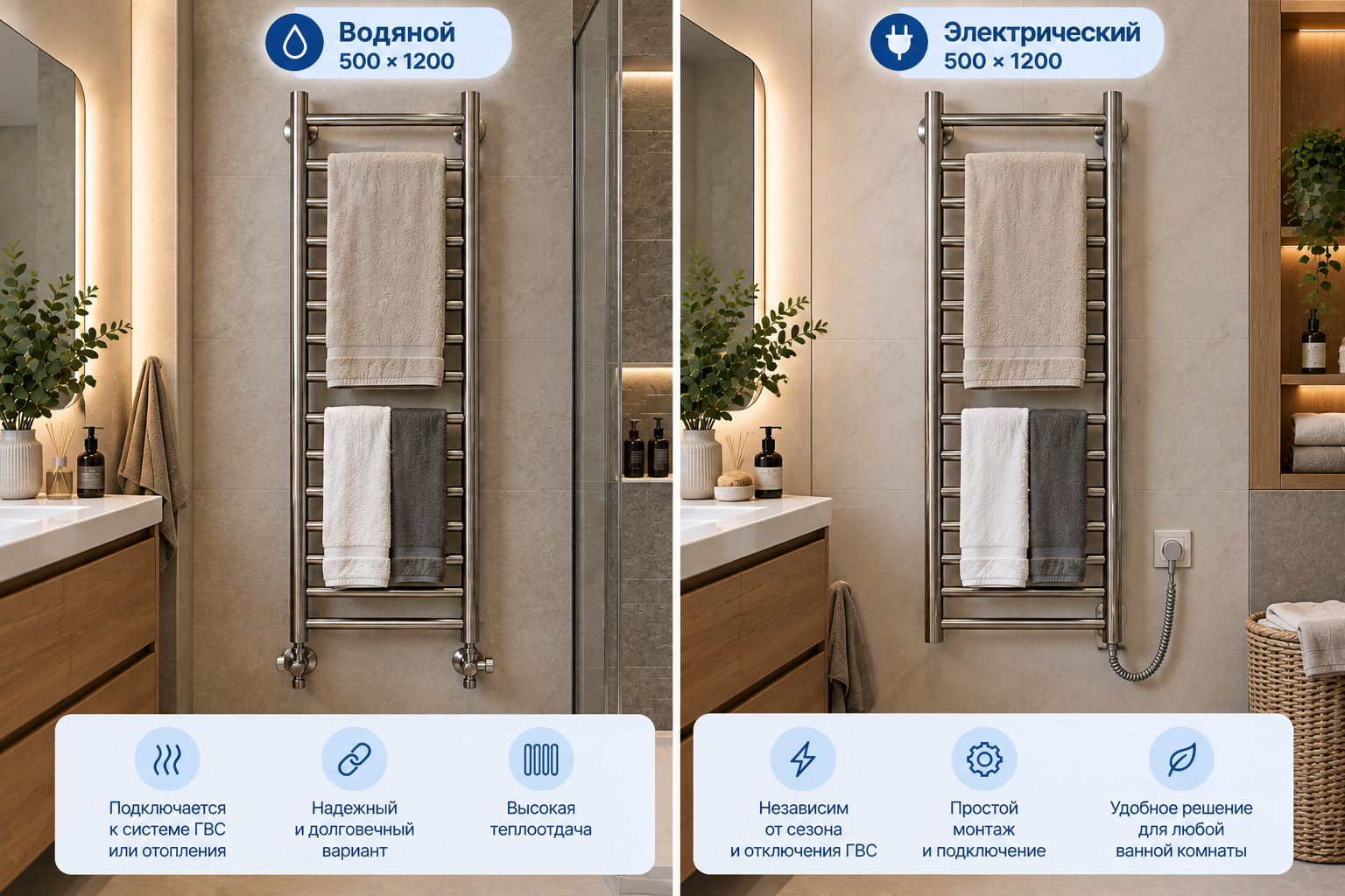 Водяной и электрический полотенцесушитель 500×1200 &mdash; сравнение