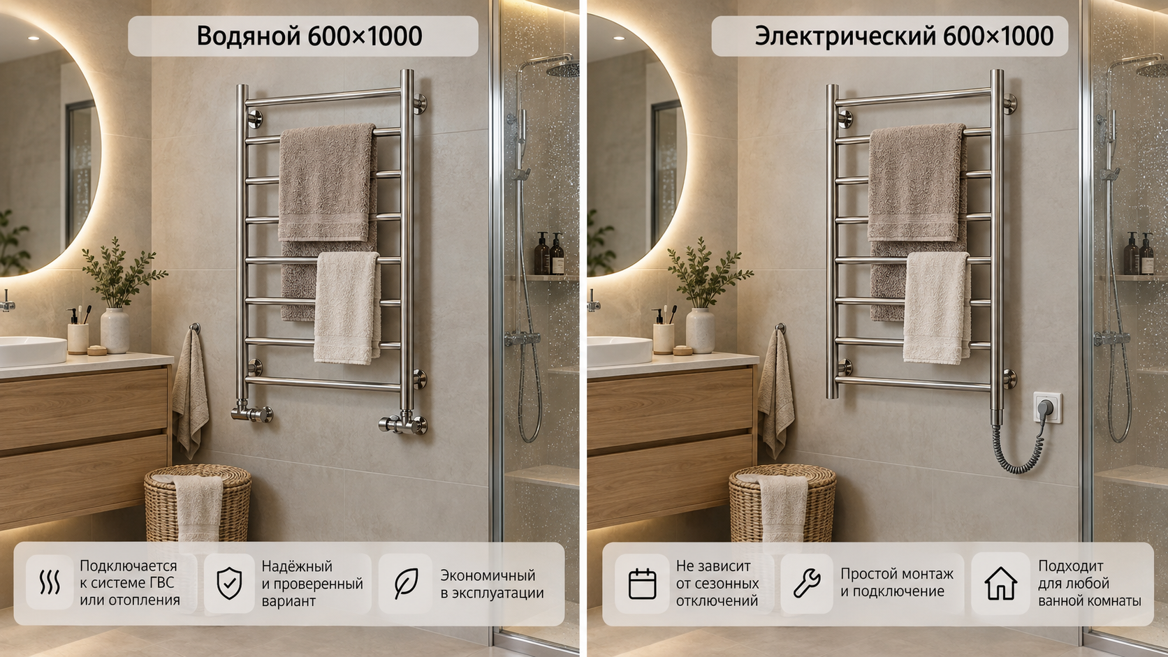 Водяной и электрический полотенцесушитель 600×1000 &mdash; сравнение