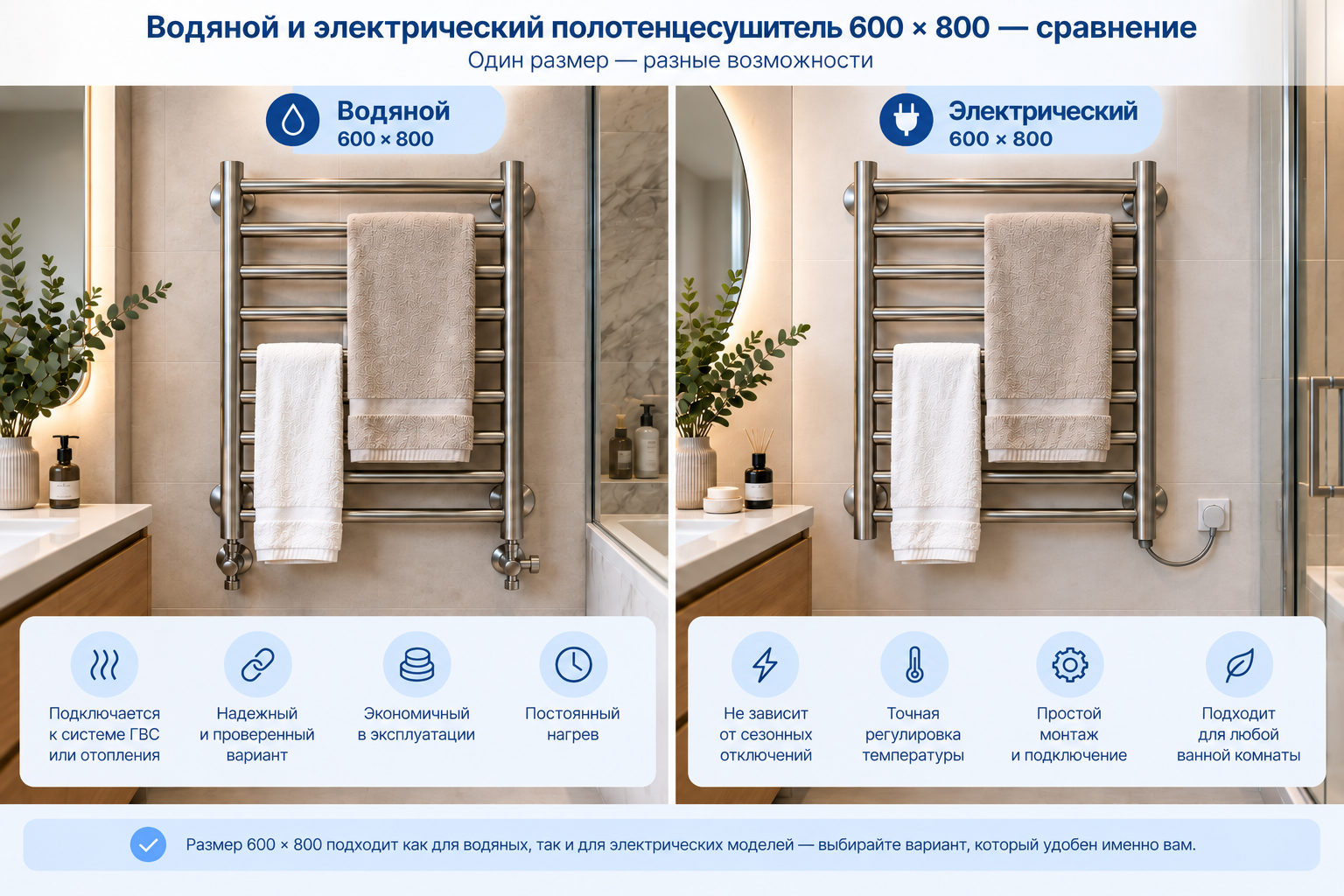 Водяной и электрический полотенцесушитель 600×800 &mdash; сравнение