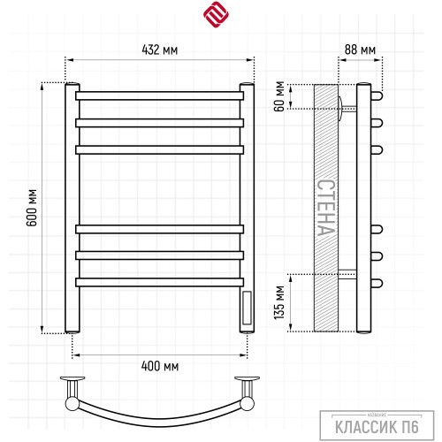 Каталог полотенцесушителей Полотенцесушитель TERMINUS Классик П6 400х600 электрический КС 9003 белый матовый